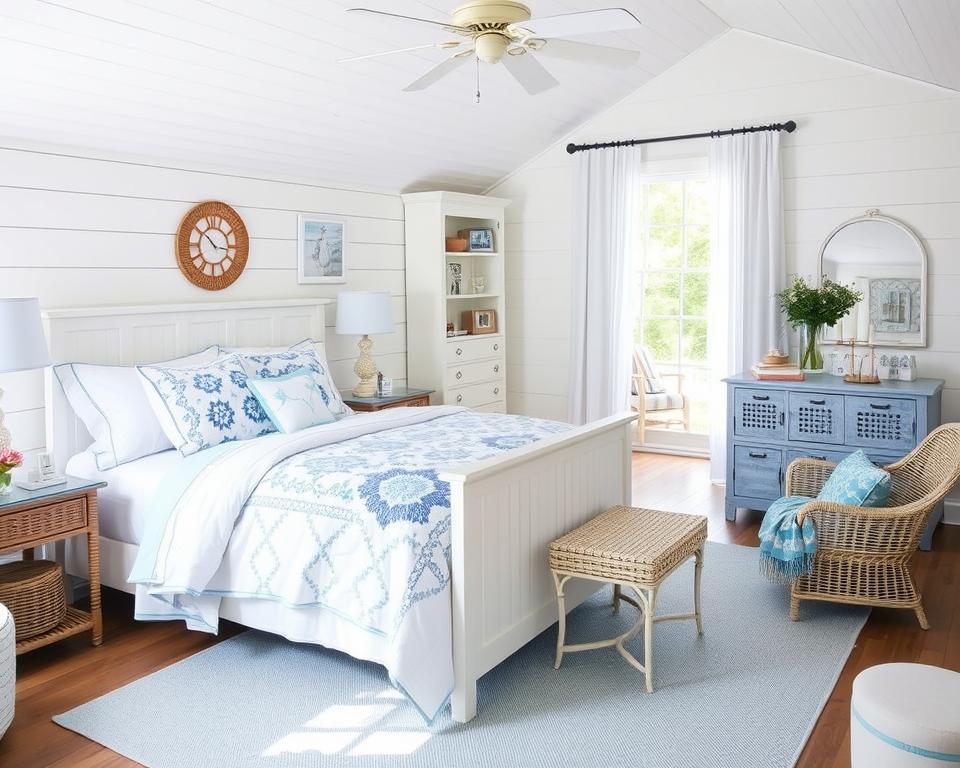 blue and white cottage bedroom