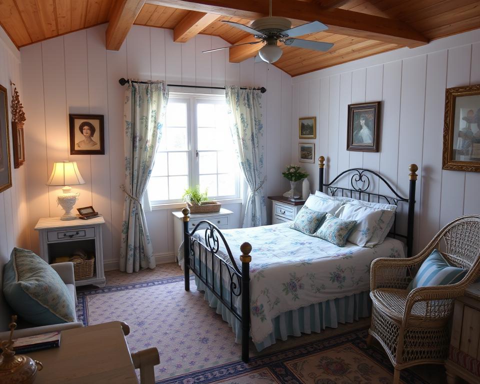 blue and white cottage bedroom