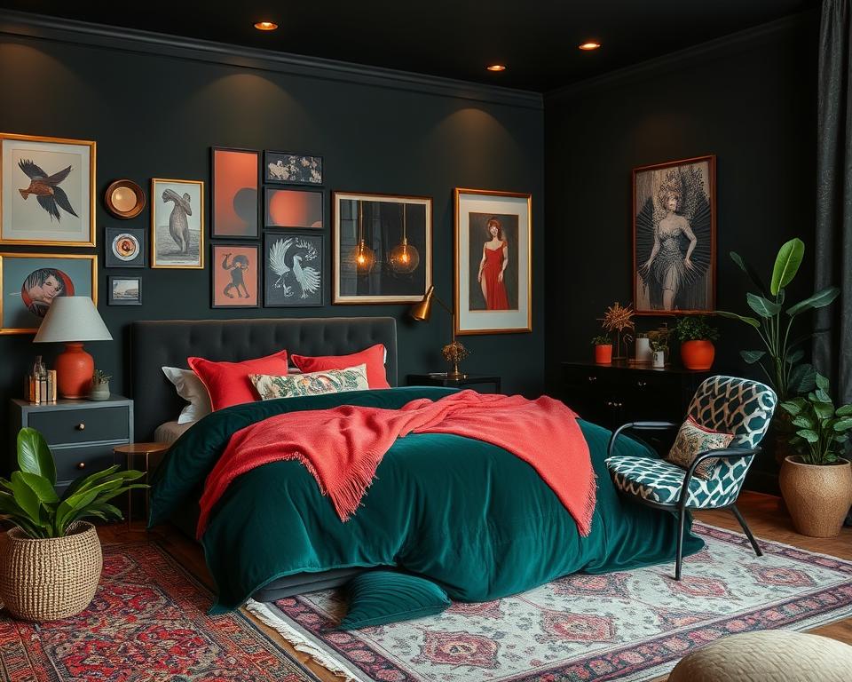 moody bedroom color contrast