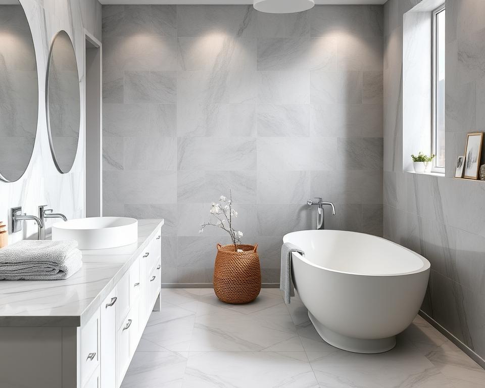 Layering textures in grey and white bathroom