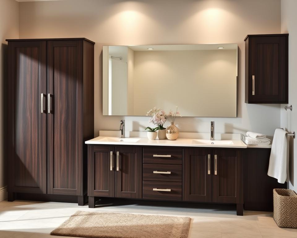 bathroom layout with espresso cabinets