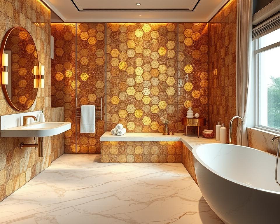 gold tile bathroom