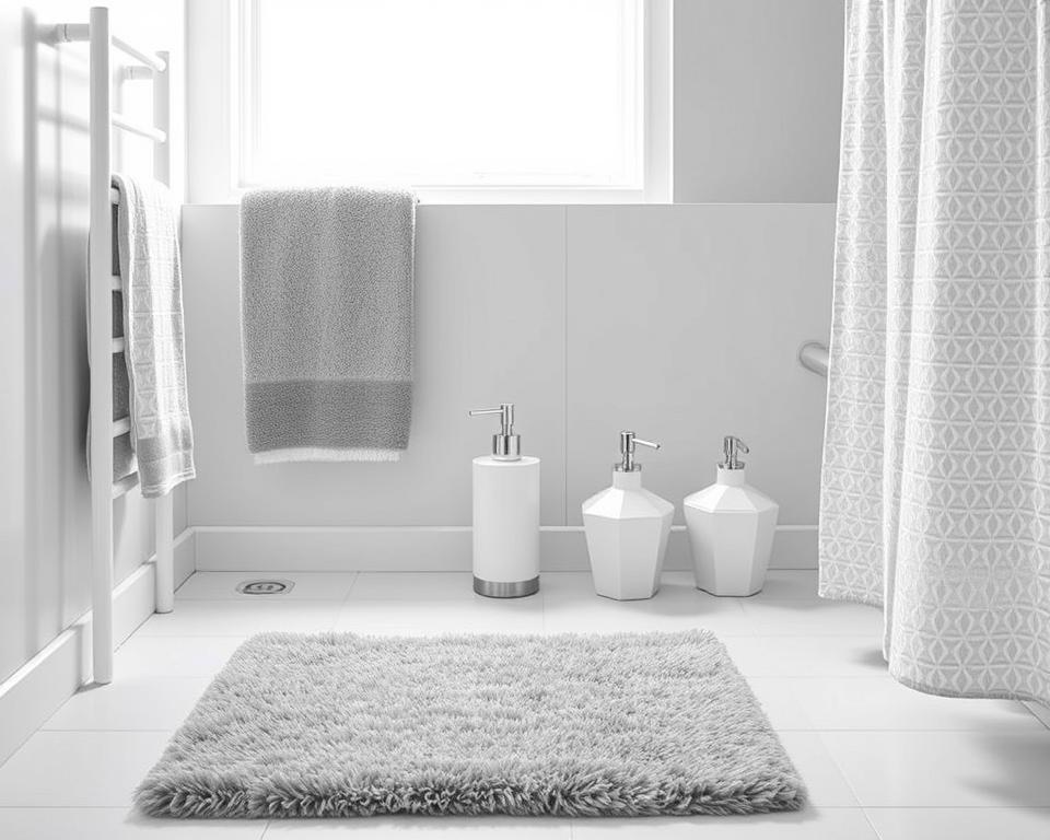 grey and white bathroom accessories