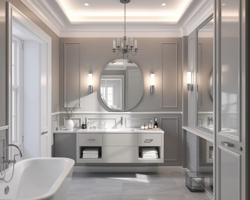 grey and white bathroom lighting