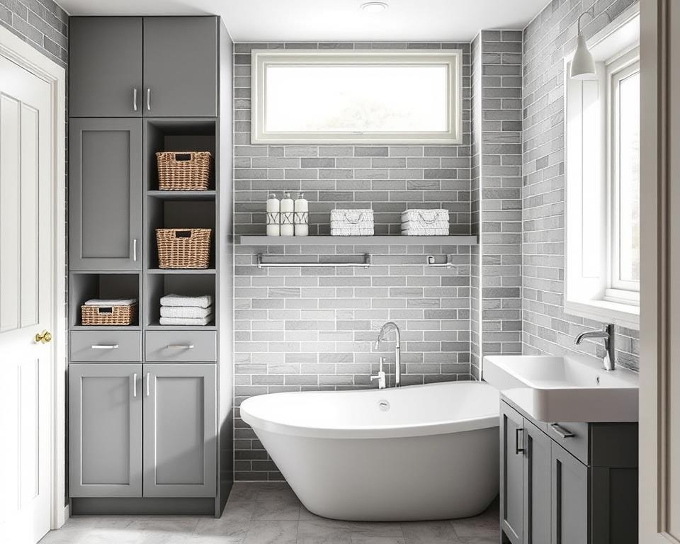 grey and white bathroom storage